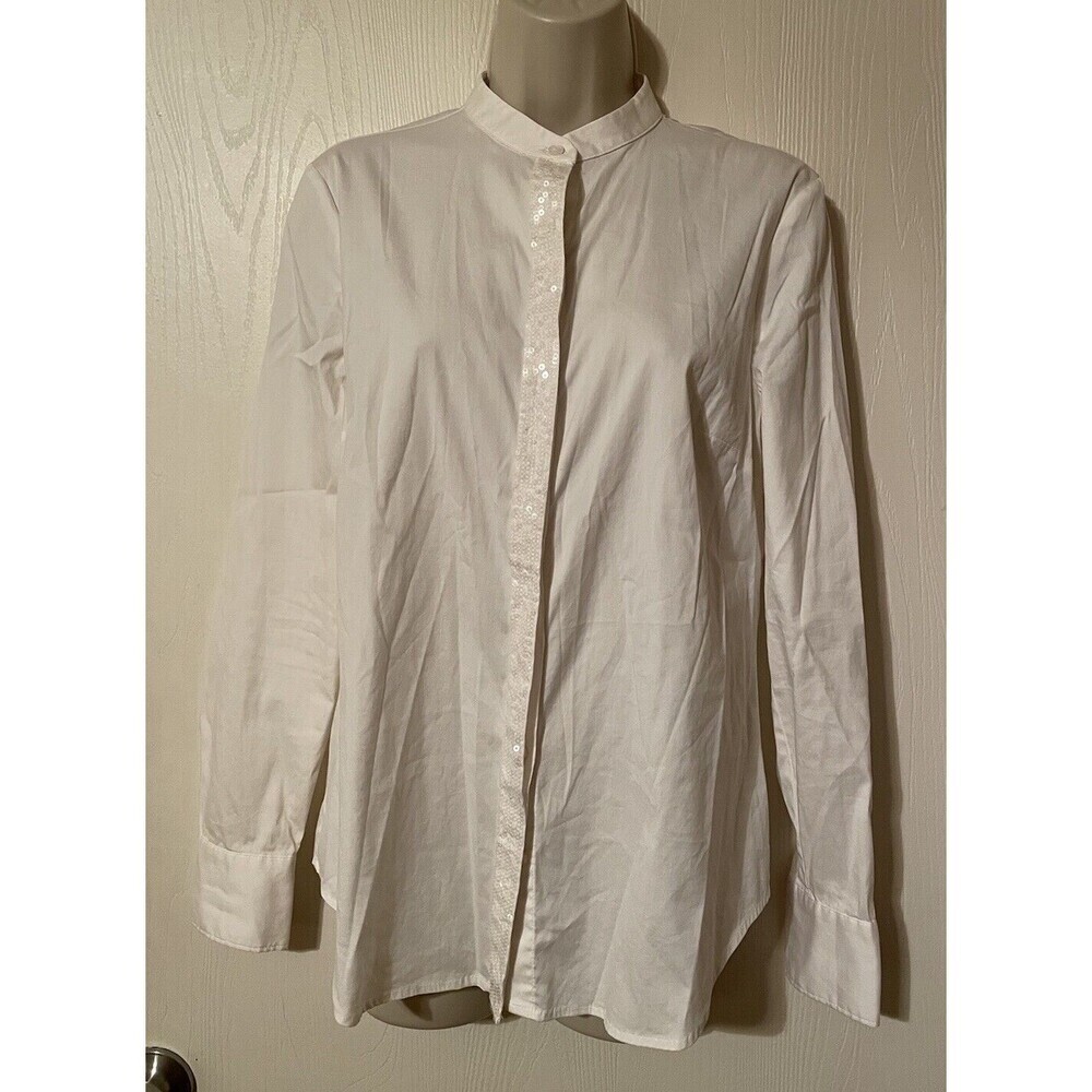 Ann Taylor White Long Sleeve Blouse Sequined Center Button Up Women’s SZ 8